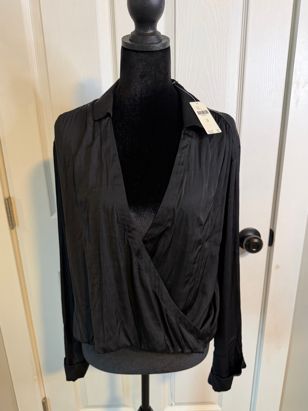 NWT Anthropologie Black Satin Wrap Top Surplice Blouse Long Sleeve Collared XS